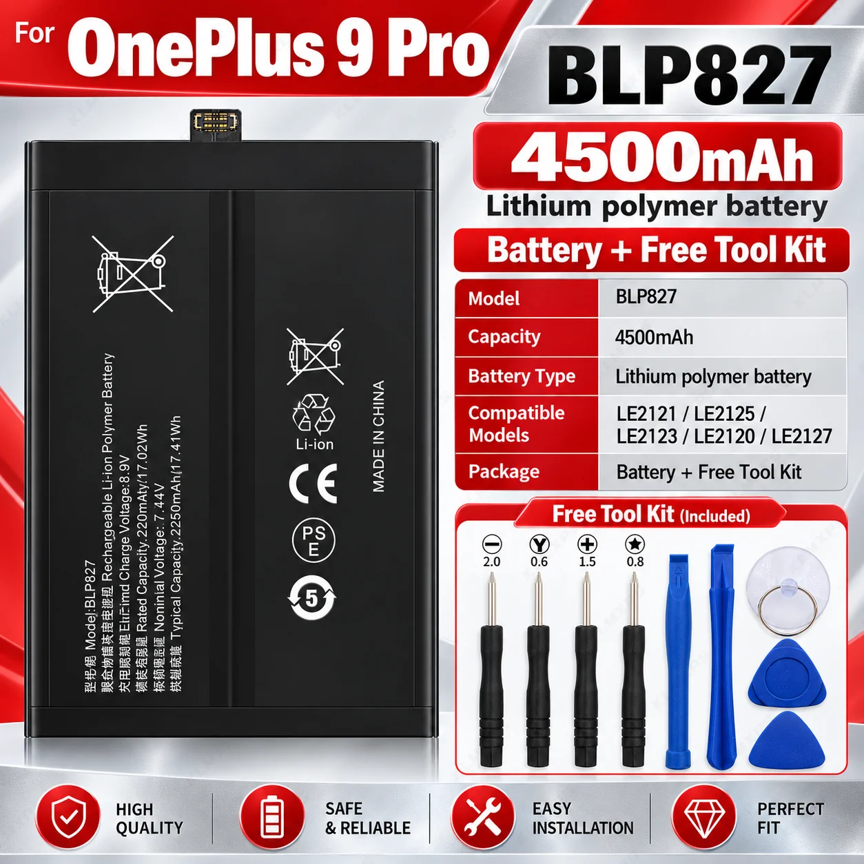Replacement Phone Battery BLP827 4500mAh For OnePlus 9 Pro, Reliable Lithium Battery for Mobile Phone Power Supply
