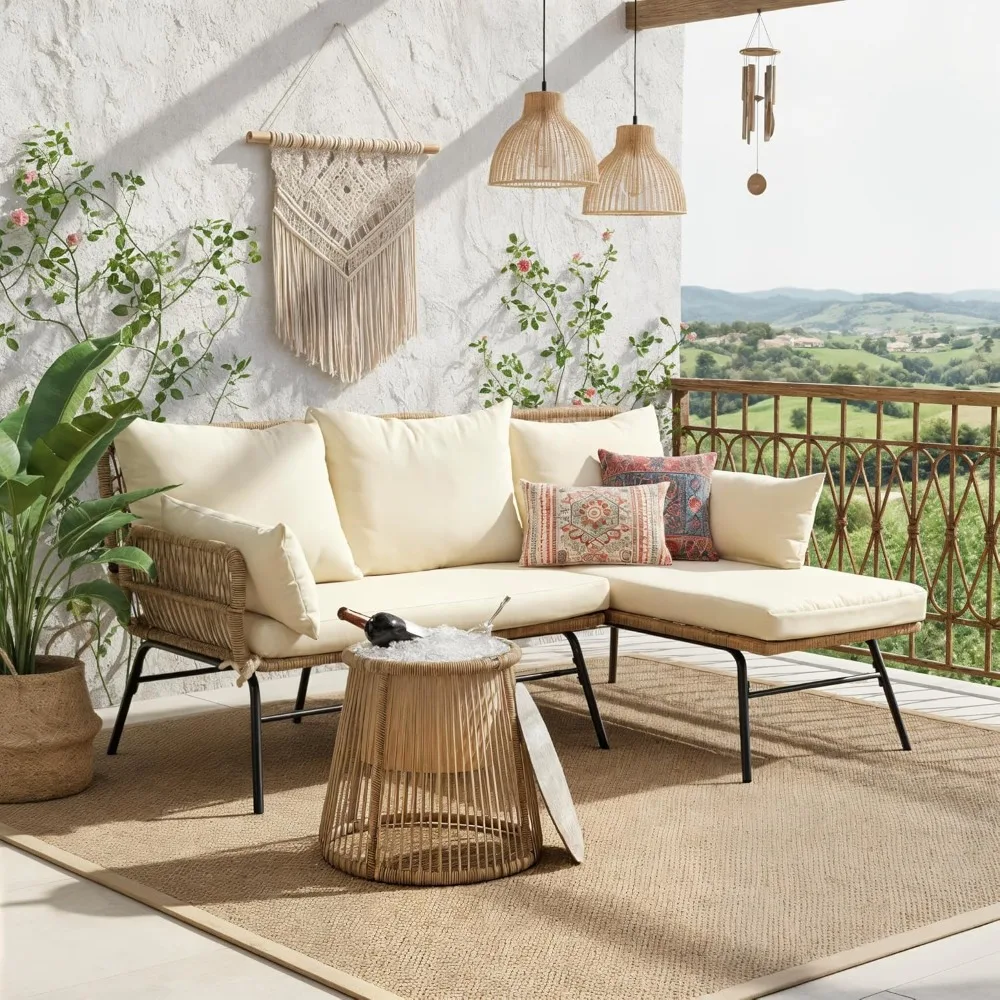NICESOUL Boho 3-Piece L-Shaped Outdoor Patio Furniture Set with Comfy 2 Thickened Cushion, High Back 500LB Capacity Wicker Loung