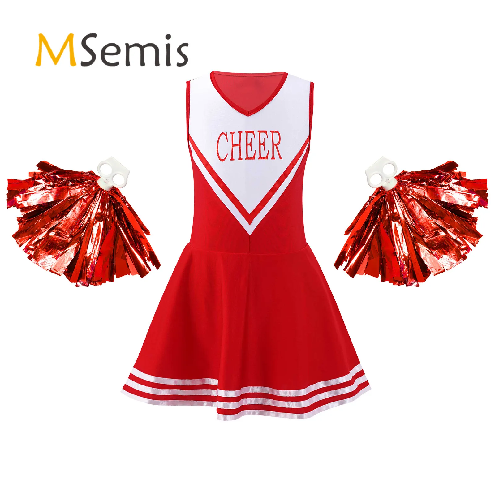 

Kids Girls Cheerleading Uniform Dancewear Sleeveless V Neckline Letters Printed Patchwork Dress with 2Pcs Tassel Flower Balls