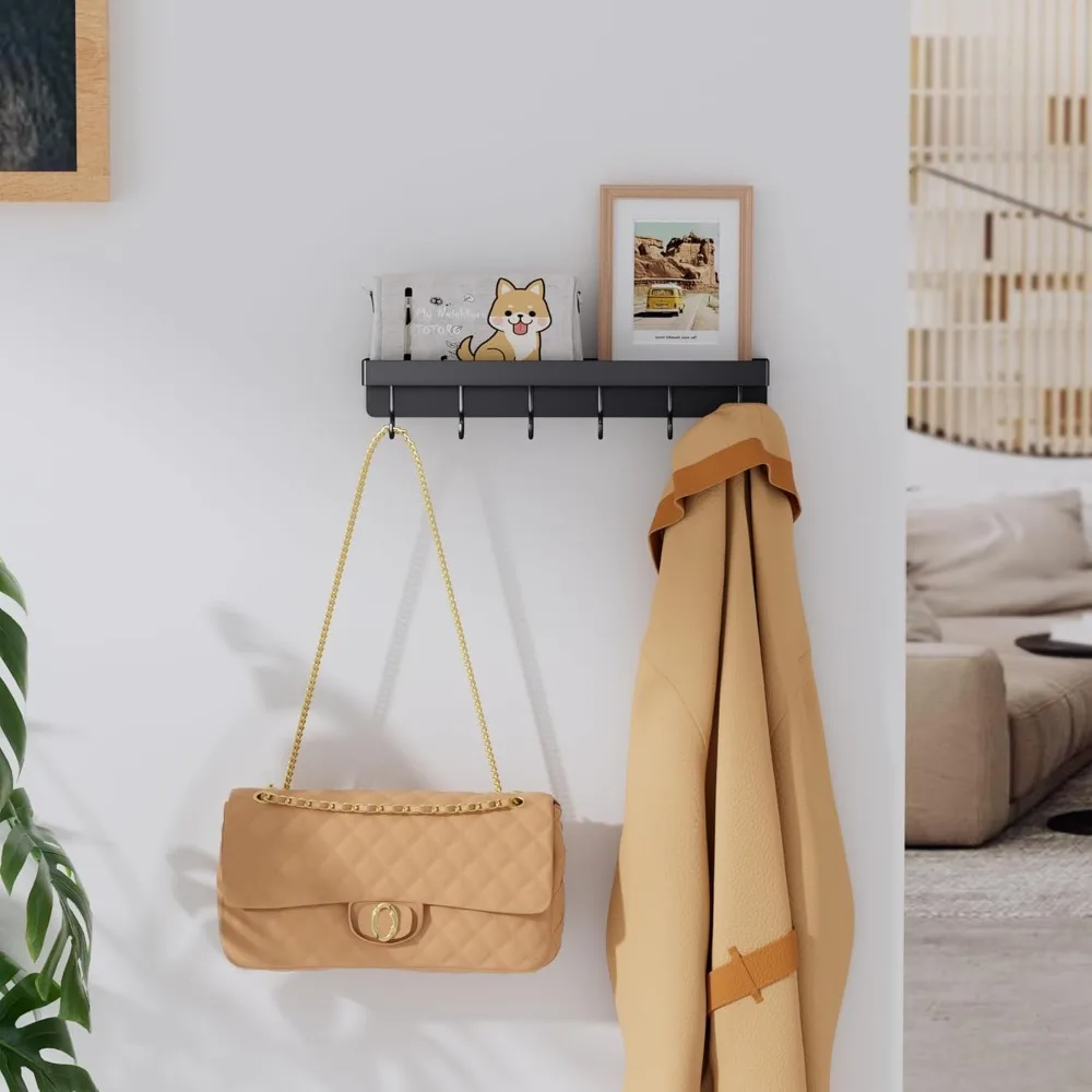 Black Key Holder Wall Mount, Stainless Steel Self Adhesive Hooks Rack with Shelf, No Drill Key Hanger for Door and Wall