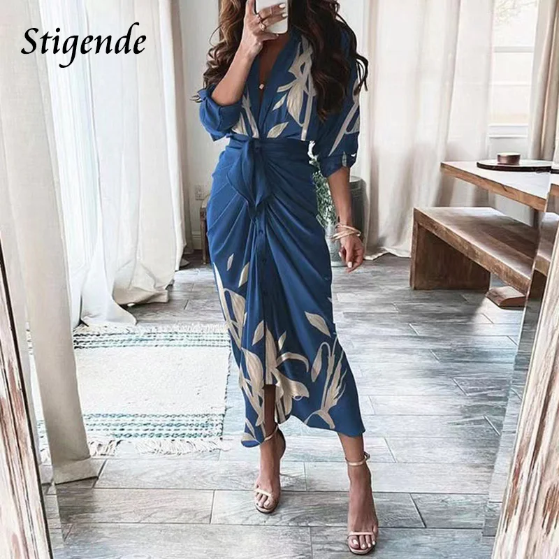 

Stigende Single Breasted Lapel Neck Ruched Dress Women Long Sleeve Bandage Button Midi Shirt Dress