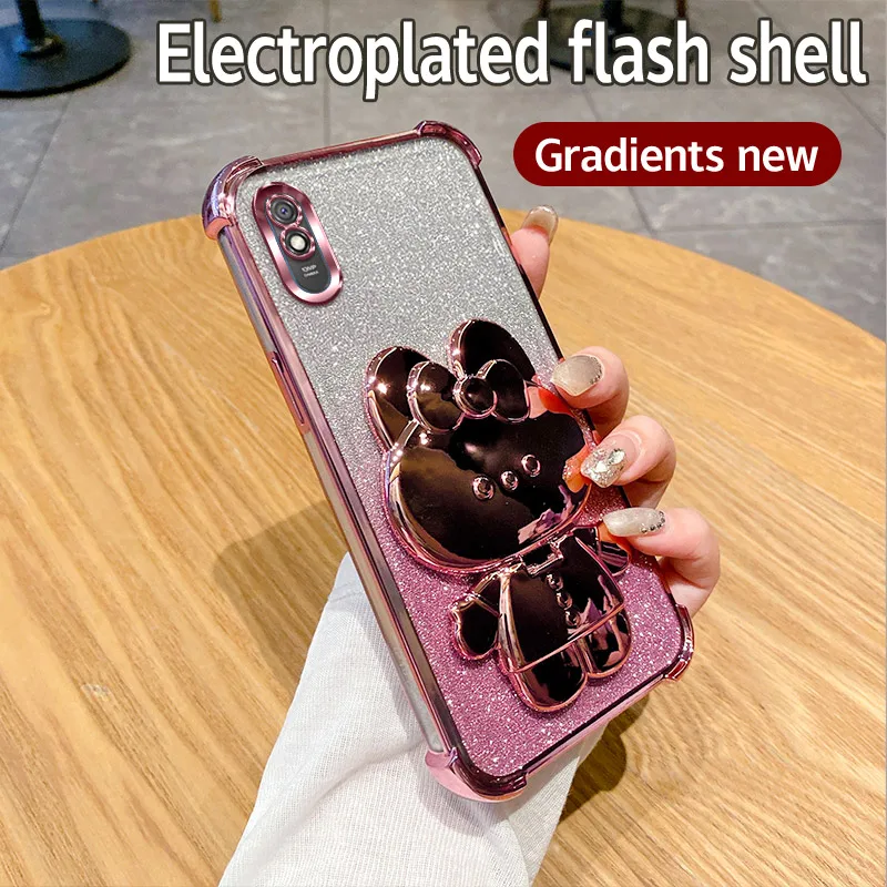 

Cover For Xiaomi Redmi 9T 9A 9AT 9i 9A Sport 9 Power Phone Case Pink Glitter Rabbit Mirror Stand Four Corner Anti-Shock Funda