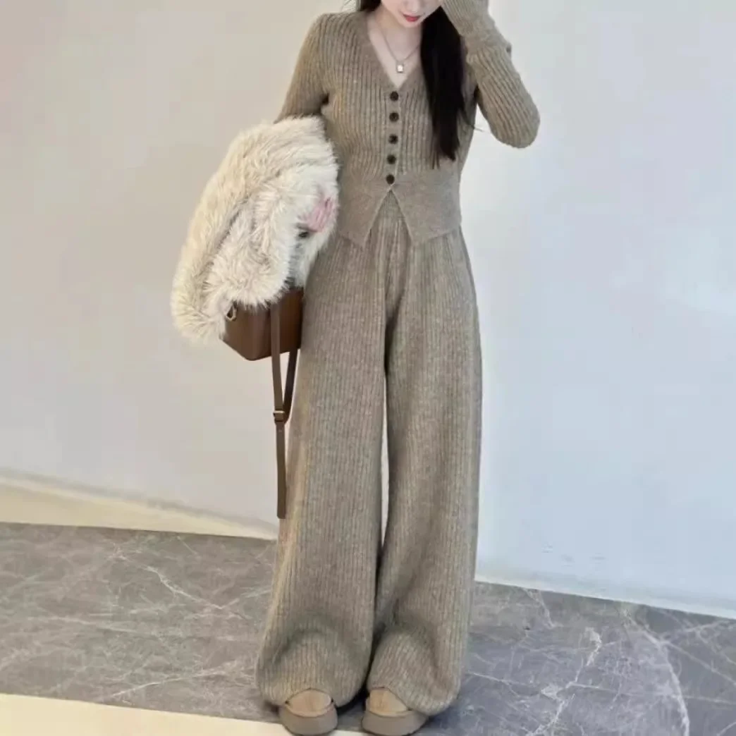 Sweater Women\'s New Autumn and Winter Korean Style Loose Lazy Style Sweater Wide Leg Pants Casual Two-piece Set