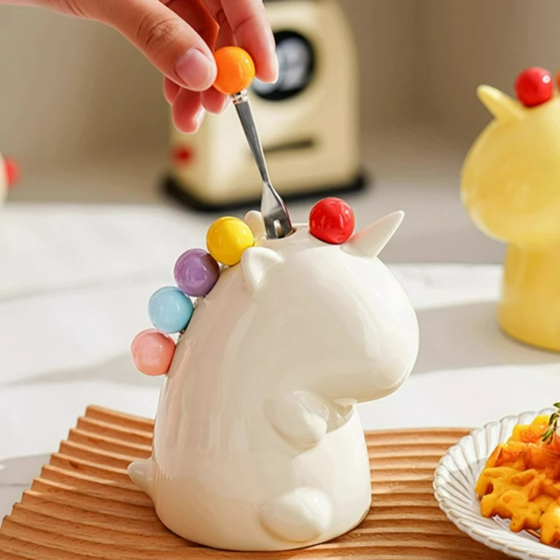 

Fruit Fork Set Stainless Steel Cute Ceramic Fork Jar Cake Fruit Stick