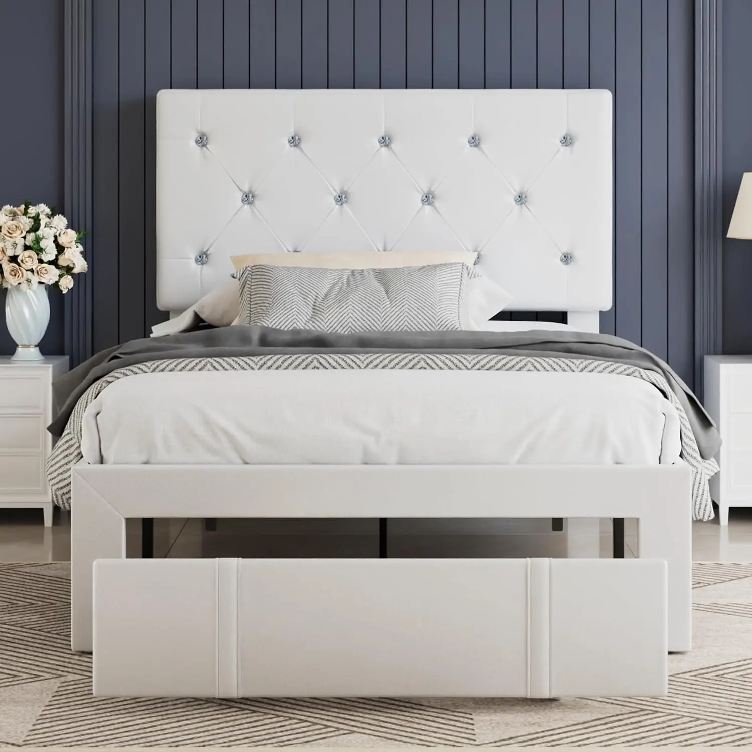PU Leather Twin Bed Frame with Storage Drawers & Tufted Headboard, Wood Slat Support No Box Spring, Customized