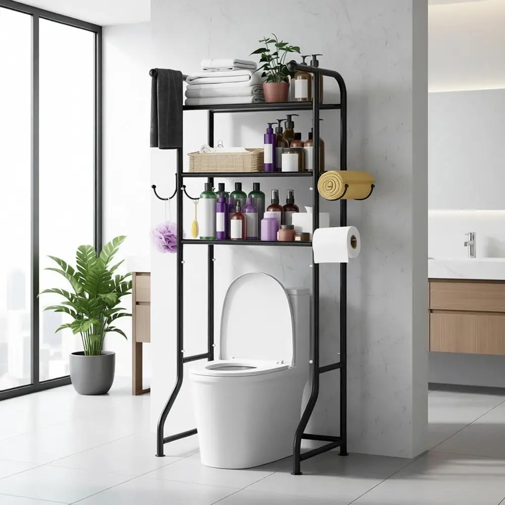 

Over-the-Toilet 3-Tier Storage Rack with Metal Frame, 2 Bars, 1 Roll Holder, and 4 Hooks, Black