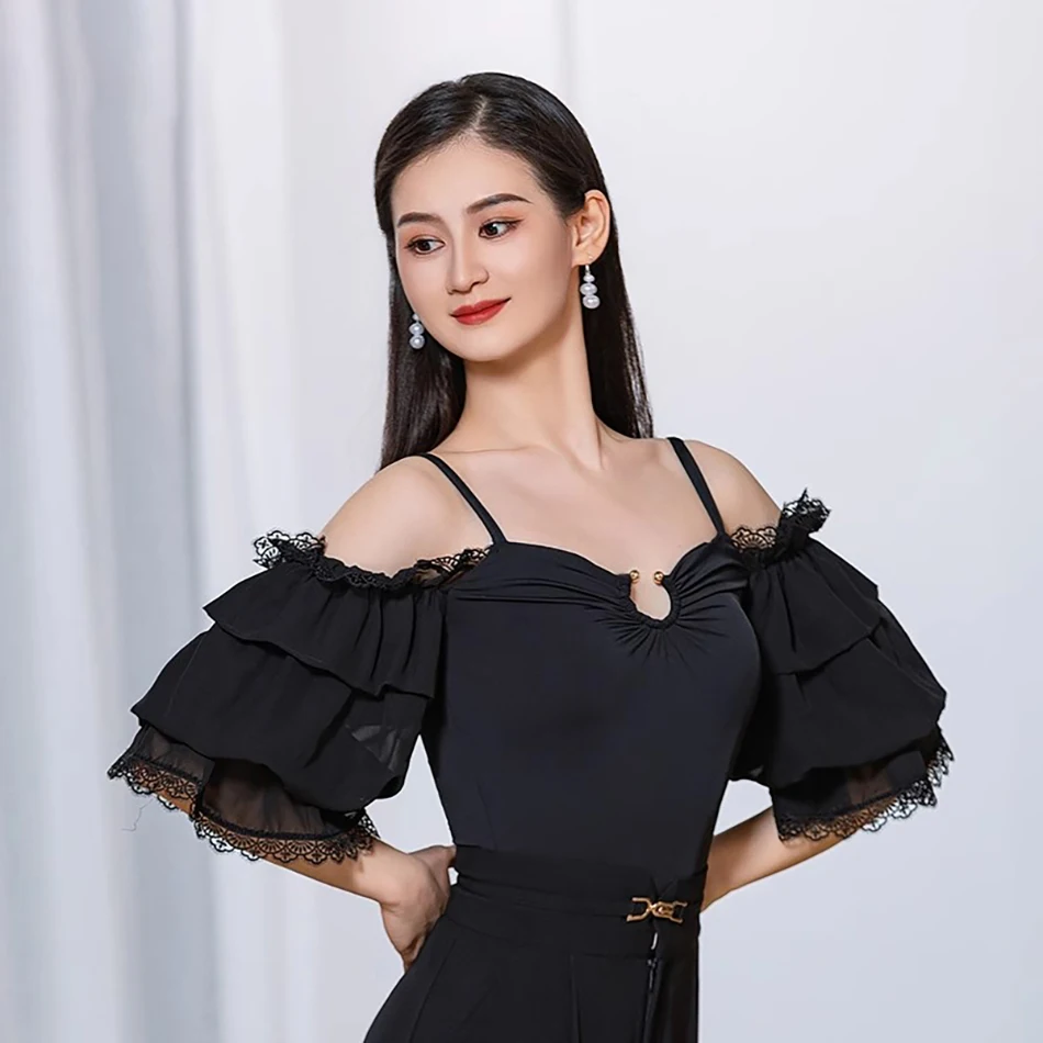 Lace Lotus Sleeve Bare Shoulder Bodysuit Latin dance Dress Female Latino dancing Cloth Belly Tango Performance Costume B10087