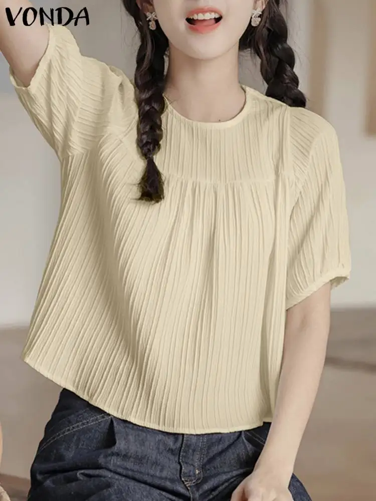 

VONDA Summer Tops Elegant Blouse 2024 Fashion Women Short Puff Sleeve O-Neck Solid Color Shirts Casual Loose Blusas Femininas