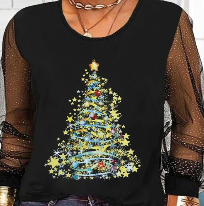 Women Top Christmas Tree Mesh Patchwork T-Shirt 2024 Spring/summer Latest British Style Atmosphere Long Slept Slim Fit Pullover