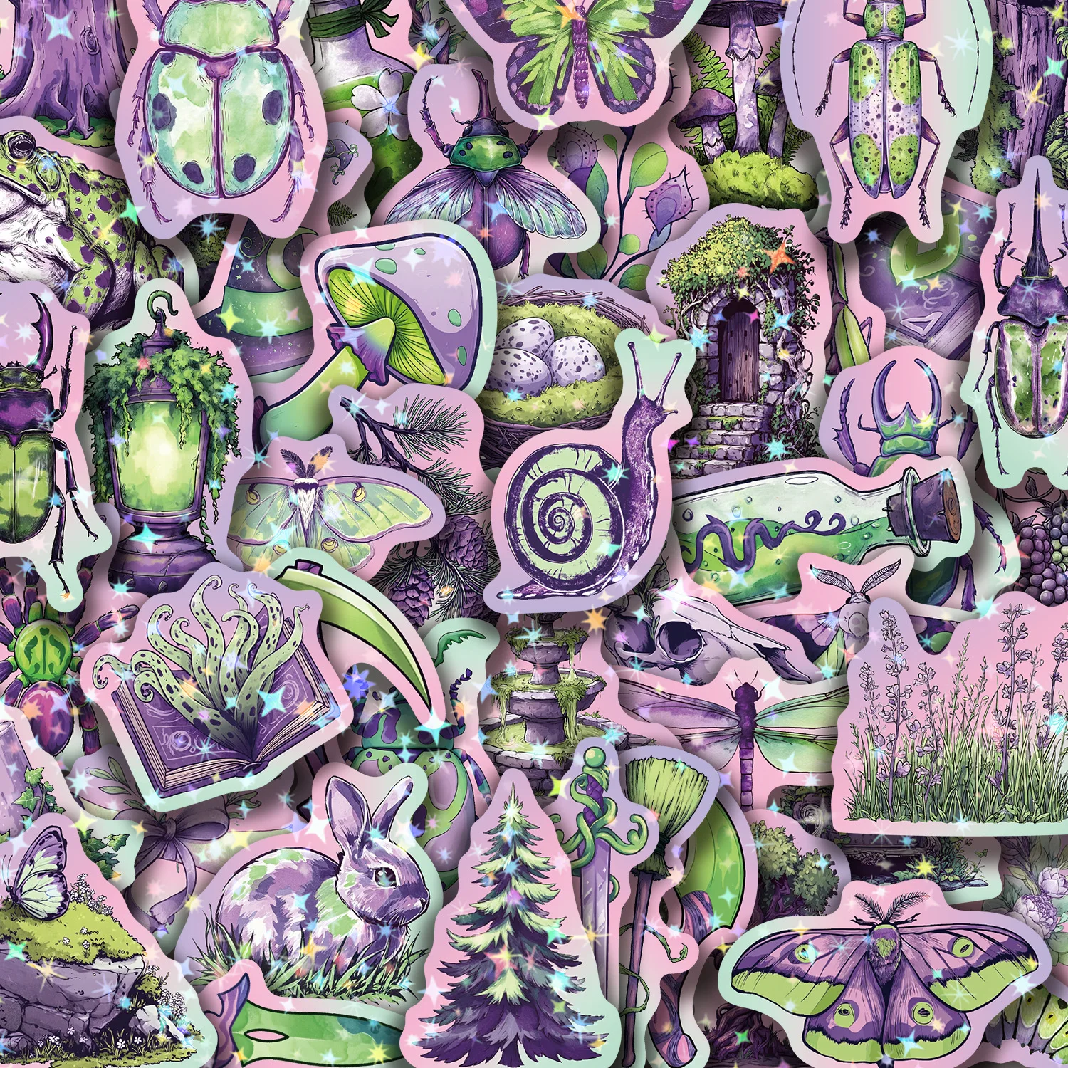 50PCS Cartoon Holographic Purple Forest Animals Sticker Cute Graffiti DIY Luggage Scooter Notebook Waterproof Decal Toy