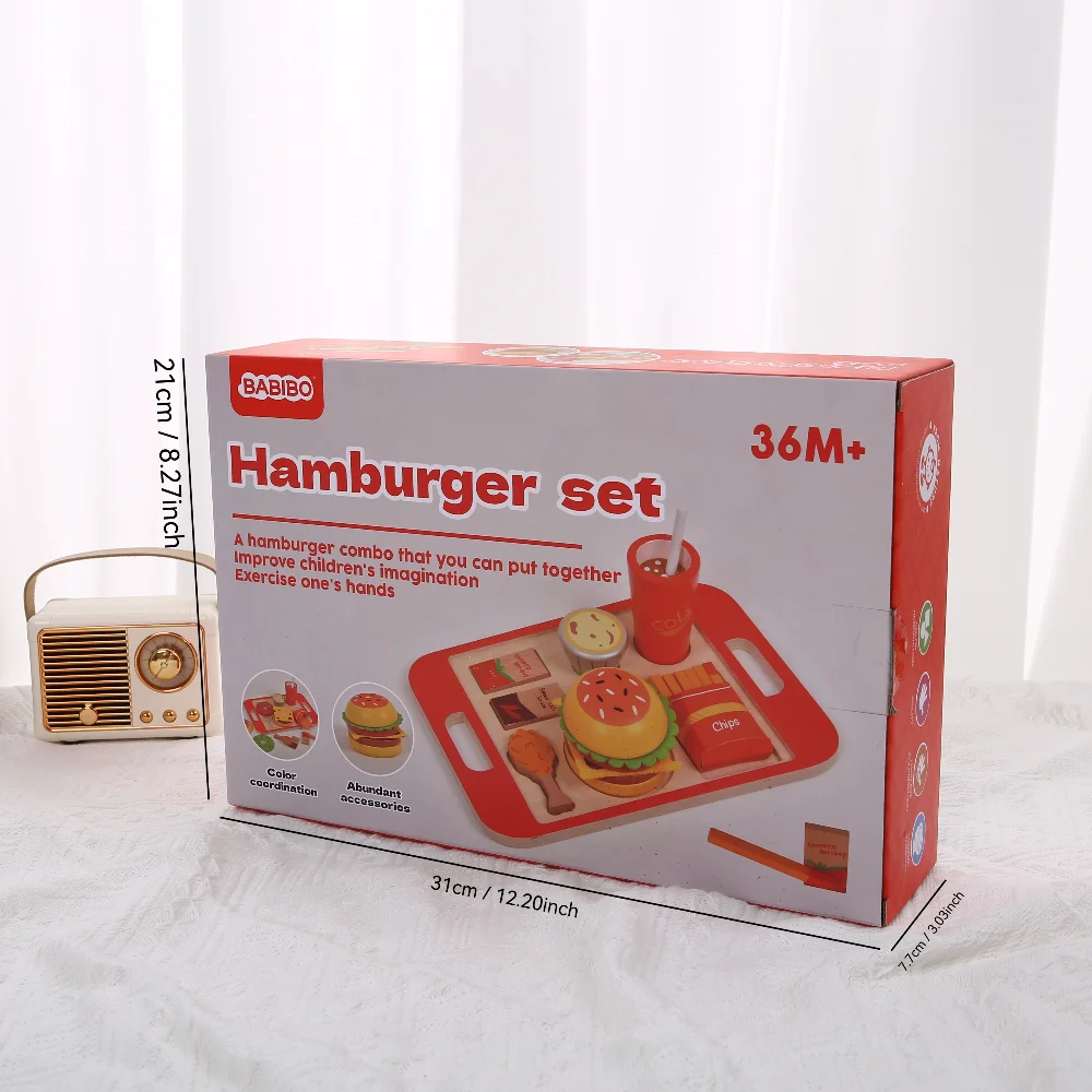 مجموعة مزيج برجر محاكاة خشبية لعبة التظاهر لعبة الطعام للأطفال المطبخ لعبة لعب الأدوار المحاكاة هدية للأطفال