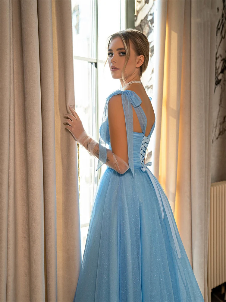 Vestido de graduación elegante con tirantes finos, sin mangas, cremallera trasera, hasta el tobillo, vestidos de tul para mujer, fiesta de noche con botón