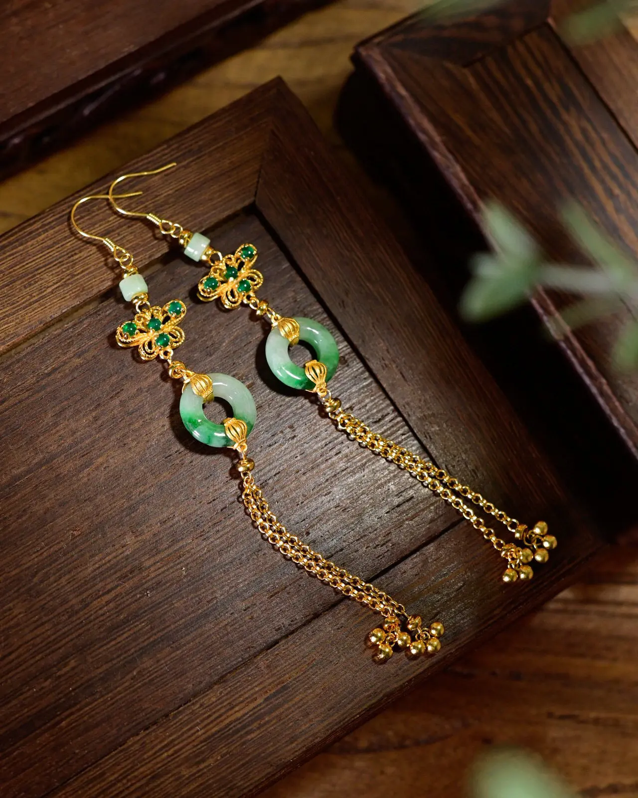 Natural Jadeite Ping An Buckle Dangle Earrings, 925 Silver Gilded, Chinese Style Tassel Earrings, Butterfly Ornament