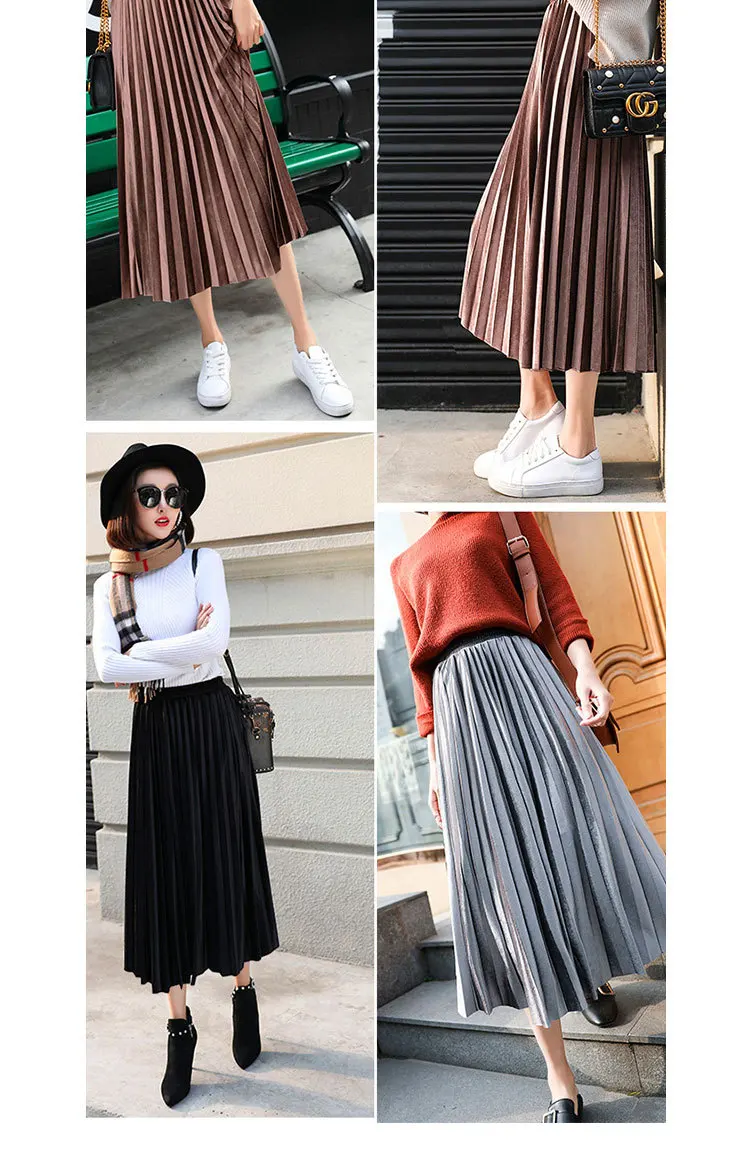 A-line skirt champagne silver gray olive green black casual fashion in spring large pleated skirt A-line skirt