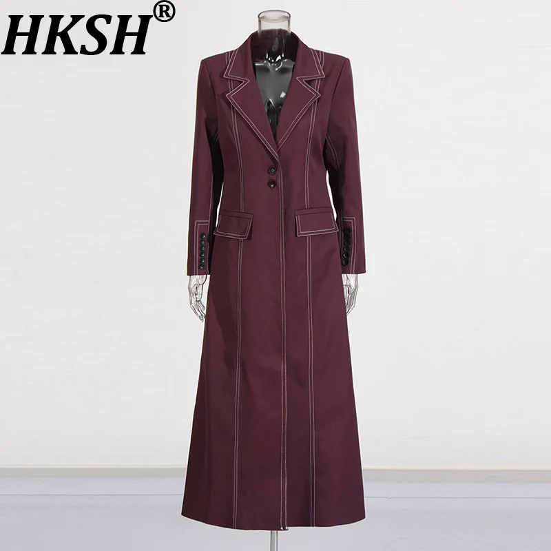 HKSH Spring Autumn New Women Long Trench Coat Color Block Turn-down Collar Single Breasted Pocket Elegant Ins Windbreaker K13653