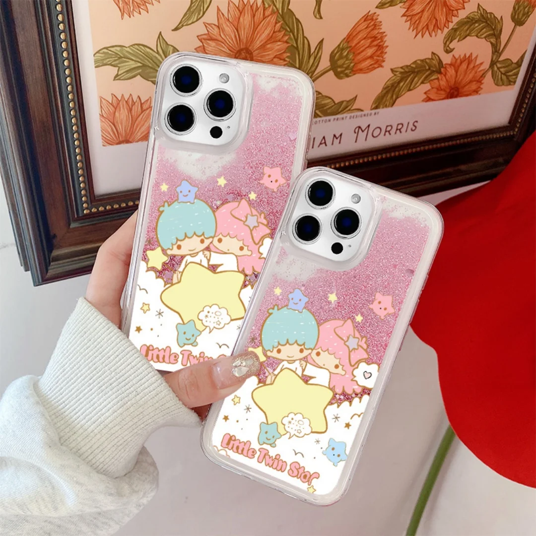 

Cute Little Twin Stars quicksand Phone Case For IPhone 17 16 15 14 13 12 11 Pro Max Air Plus 16E Gemini Blue Pink Glitter Cover