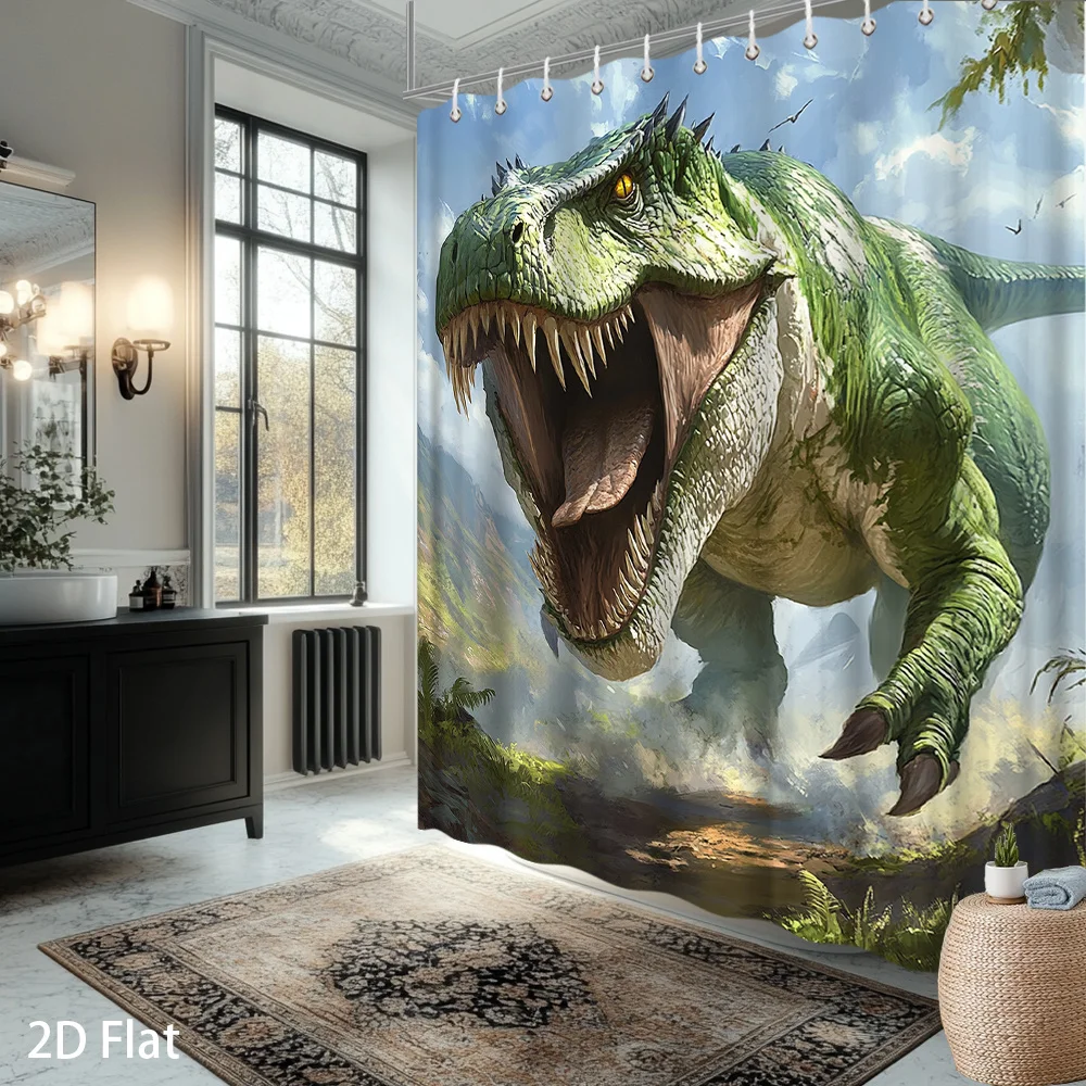 

Занавеска для душа с изображением динозавра – реалистичный рёв тираннозавра в сцене джунглей, водонепроницаемый полиэстер, декор для детской ванной комнаты с крючками