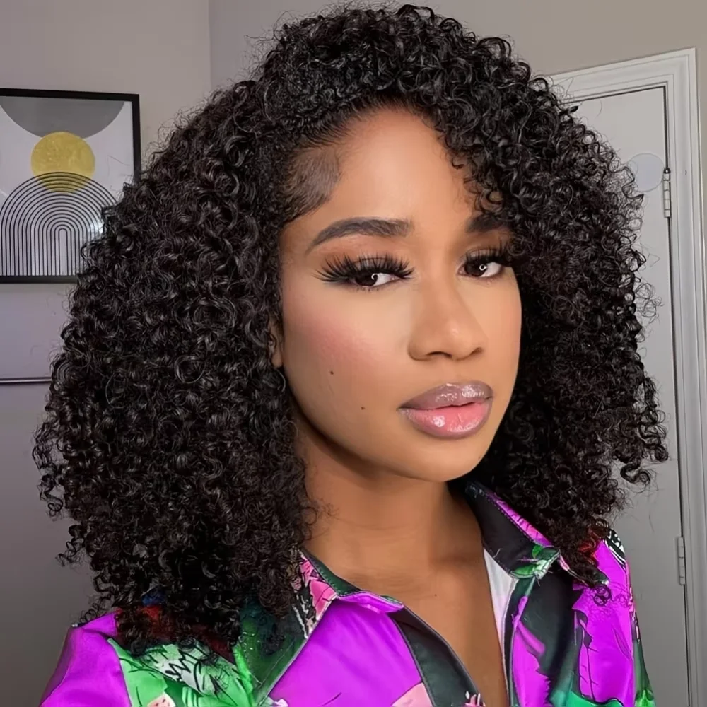 3 in 1 Half Wig Human Hair Kinky Curly 220% Density Machine Made Drawstring Seamless Clip In Extensions for Women Natural Look