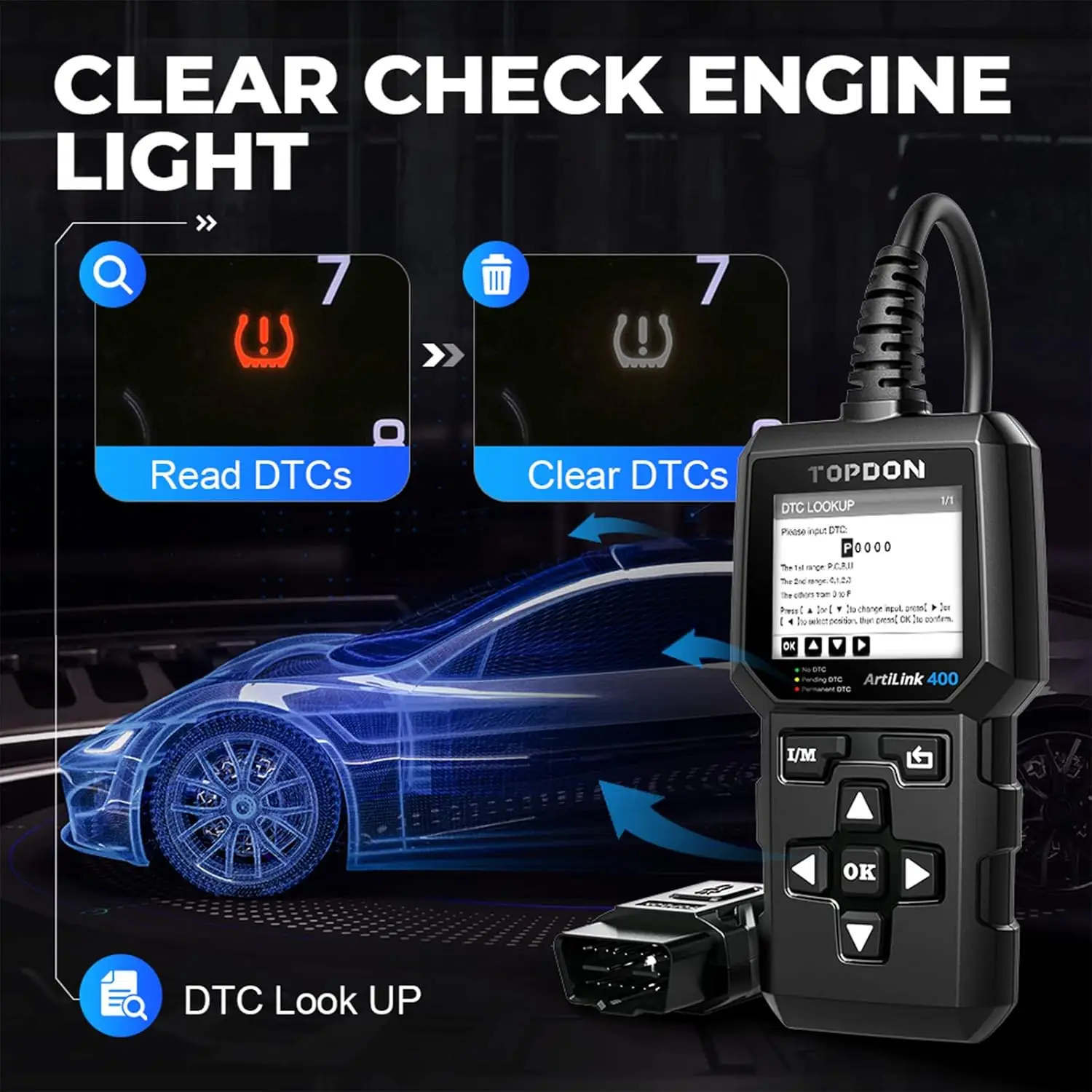 AL400 OBD2 Scanner, Full OBDII Code Reader with DTC Lookup, Clear Codes, Freeze Frame, One-Click I/M, Lifetime Updates