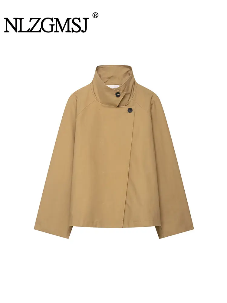 

NLZGMSJ Women's Simple Chic Loose Jackets Women Vintage Stand Collar Button Windbreaker Autumn Casual Coats Mujer