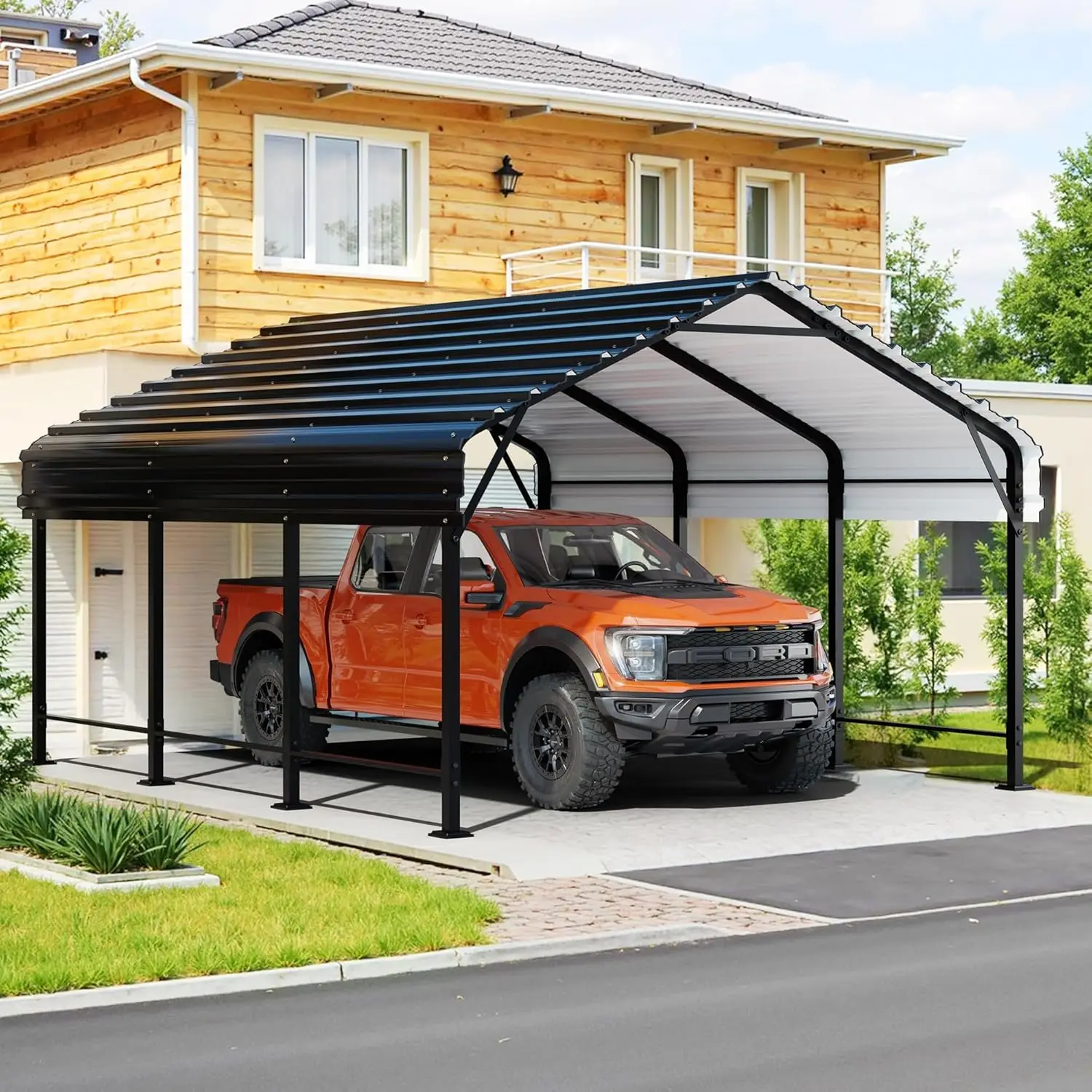 JY QAQA 12 x 15 FT Metal Carport Kits with Galvanized Steel Roof, Heavy Duty Metal Carport Canopy, Outdoor Car Tent, Customized
