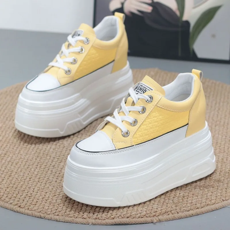 

2026 New 10CM Genuine Leather Comfy Breathable Hidden Heel Flats Skate Board Platform Wedge Sneakers Vulcanized Chunky Shoes