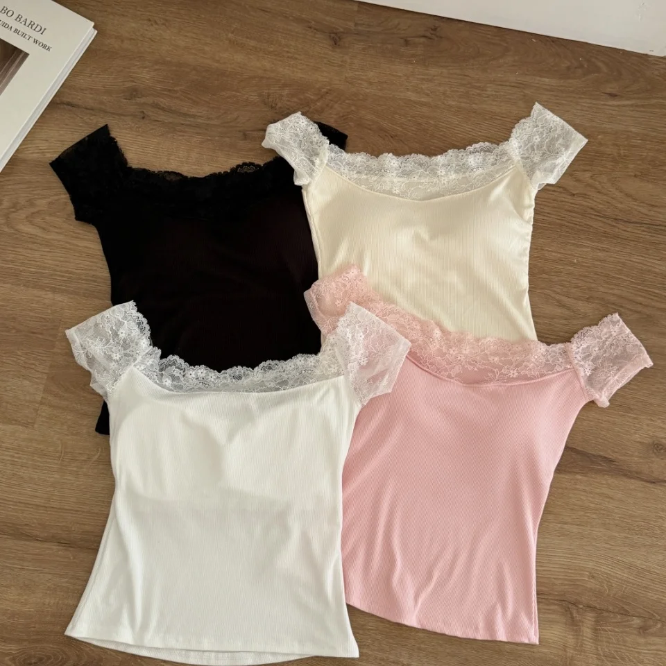 Summer New Style Sexy Lace Splice Short Sleeve T-Shirt Women Slimming Fixed Belt Chest Pad Versatile One Shoulder Design T-Shirt