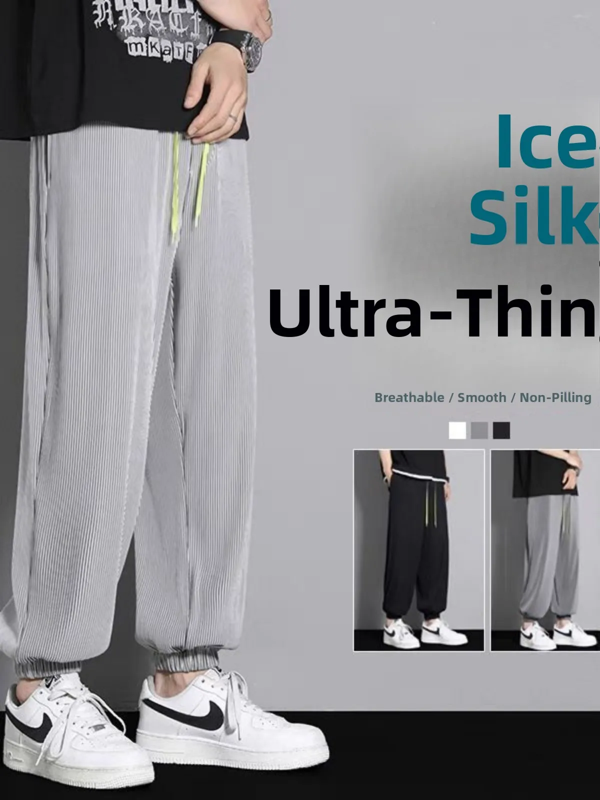 

Summer New Sle Men's Thin Ice Silk Drapey Striped Breathable Cuffed Pants Polyester Fiber Low Waist Nine Points Casual Trou...