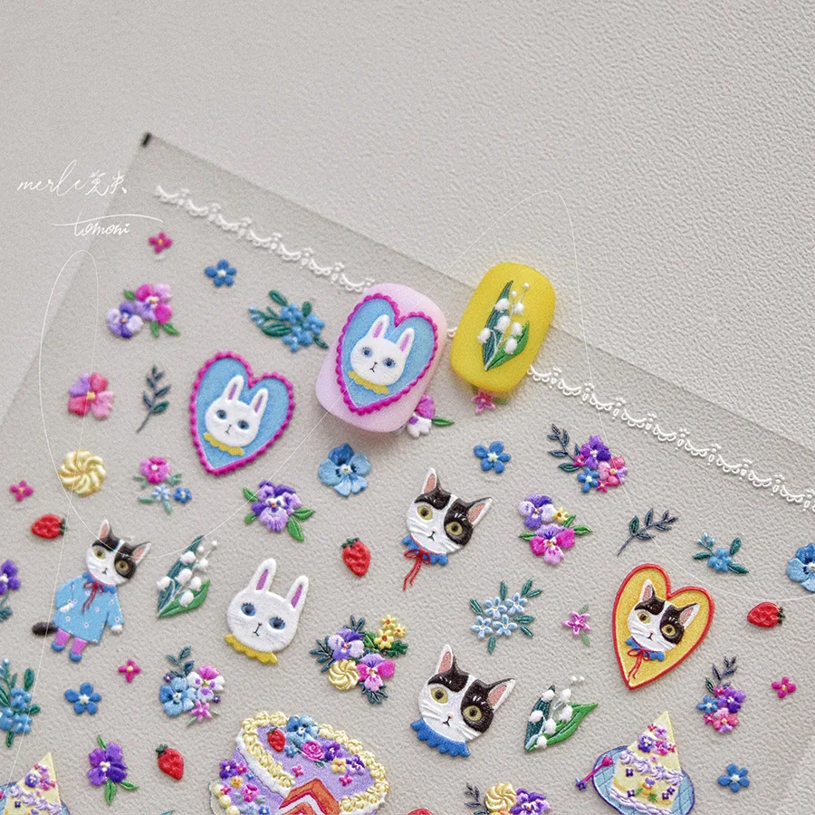 สติกเกอร์ติดเล็บลายแมว 5D น่ารัก สไตล์ญี่ปุ่น ลายการ์ตูนย้อนยุค ลายเค้ก สัตว์ต่างๆ สำหรับตกแต่งเล็บ