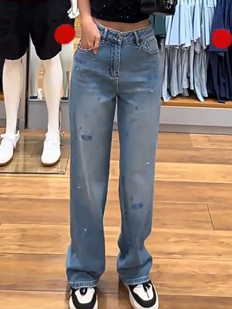 

Новые осенние джинсы свободного кроя с блестками и вышивкой, женские прямые брюки длиной до пола, чувственный эффект похудения