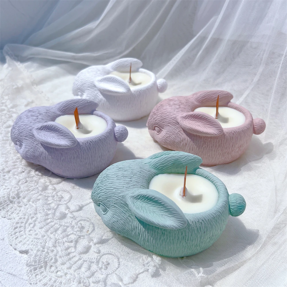 Cute Rabbit Candle Holder Silicone Mold Easter Bunny Cement Candle Jar Molds Plaster Concrete Hollow Candle Holder Mould