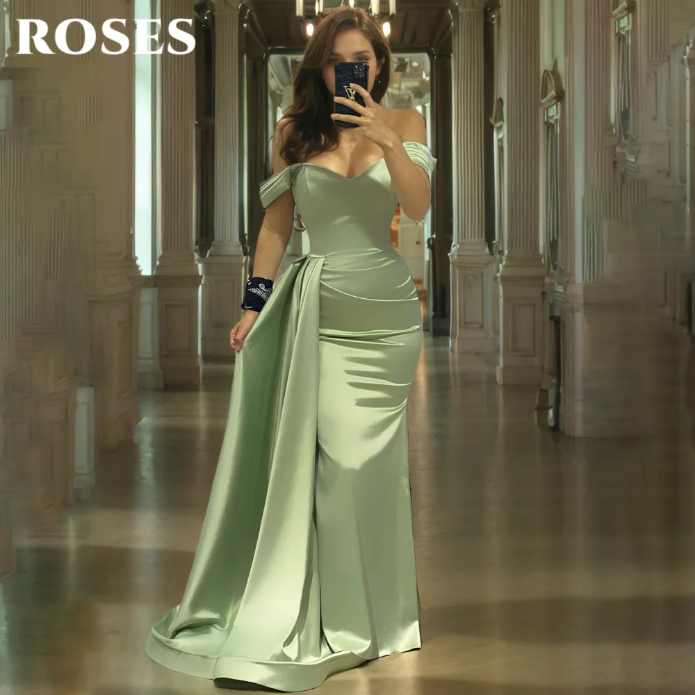 

ROSES Green Elegant Prom Dress Backless Sweetheart Off the Shoulder Prom Gown Satin Pleating Mermaid Evening Dresses Customized