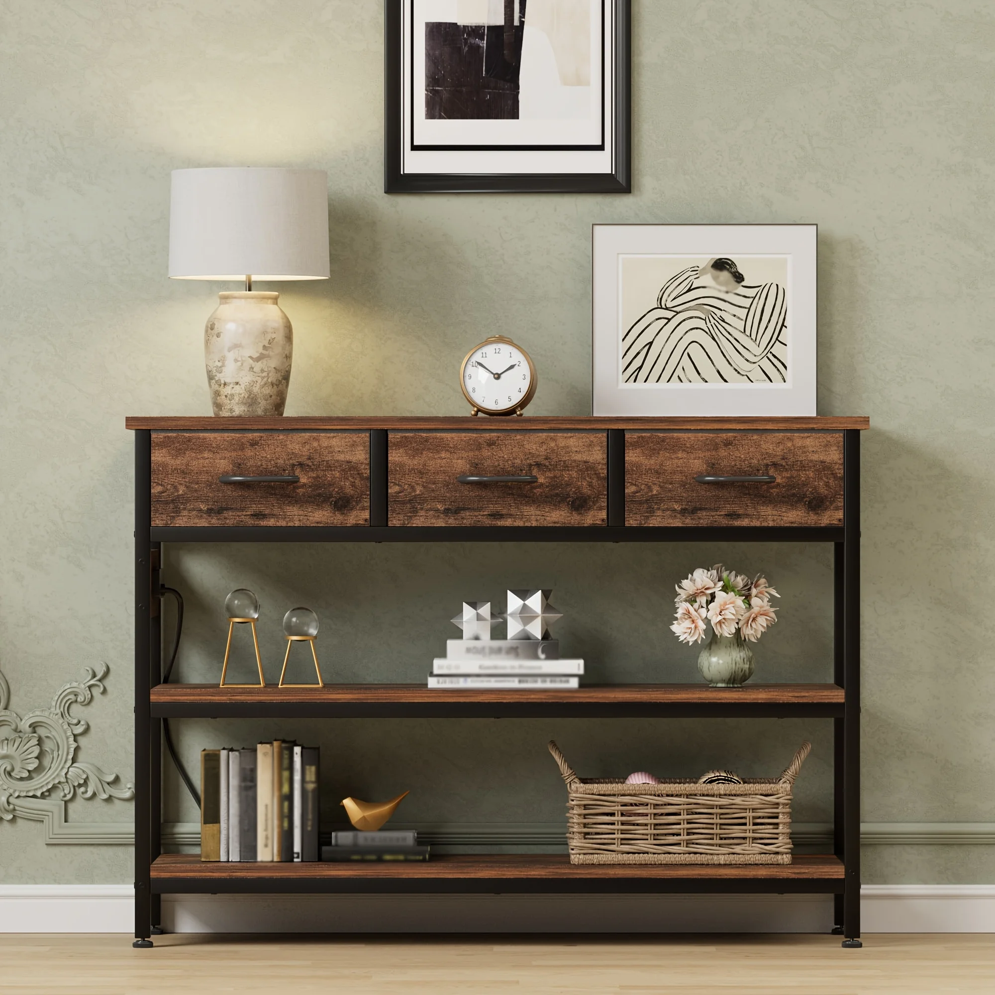 

3-Tier Console Table with Charging Station (2 AC Outlets + 2 USB Ports) - Hardwood Entryway Sofa Table with 3 Breathable Fabric
