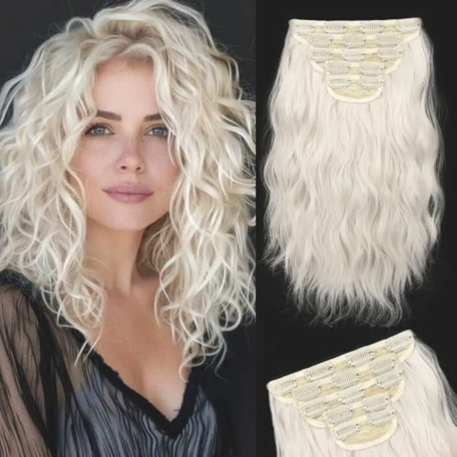 

Clip in Hair Extensions for Women 10 Inch 5Pcs Short Wavy Curly Clip on Hair Extension Platinum Blonde with Gray Tone Synthetic