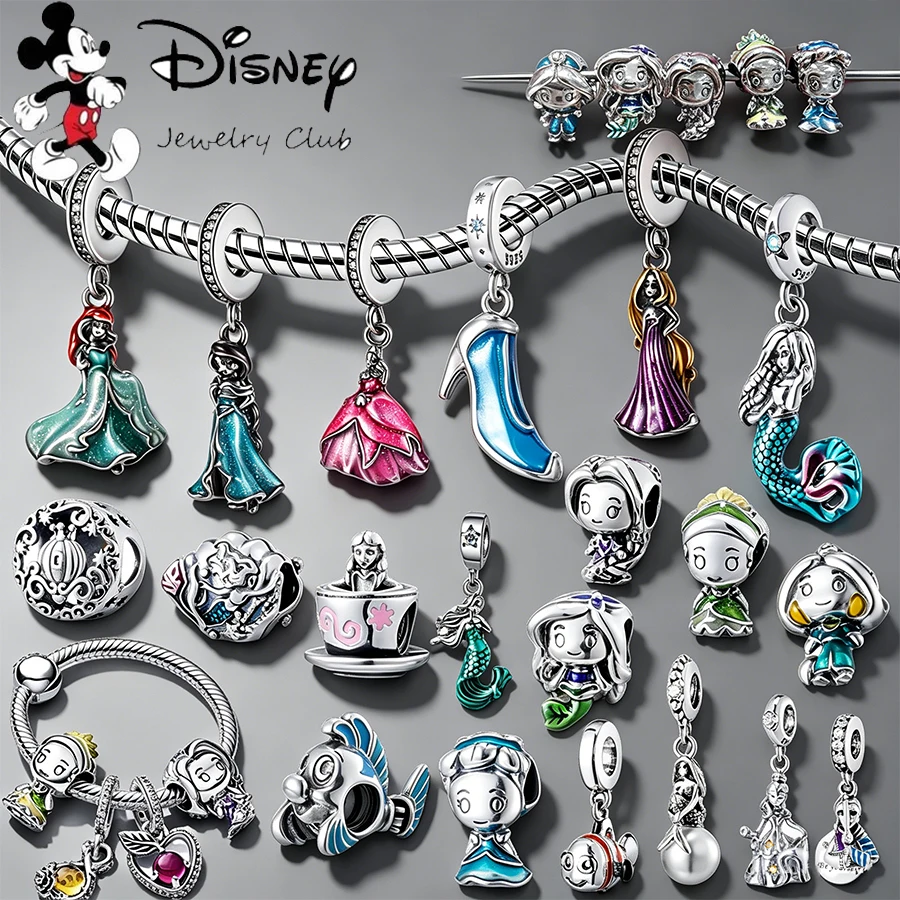 Nuevos abalorios de princesas de Disney, cuentas de plata de ley 925 que se adaptan a la pulsera original, abalorios colgantes de Ariel, Cenicienta y Bella, regalo de joyería DIY