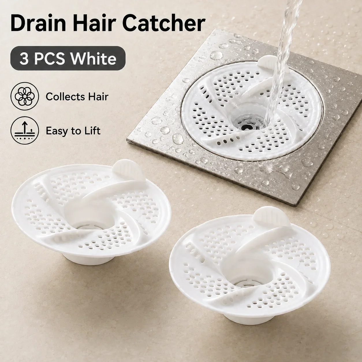 3PCS Shower Drain Hair Catcher Floor Drain Strainer Anti Clog Filter White Removable Washable Cover for Bathroom Drain Guard