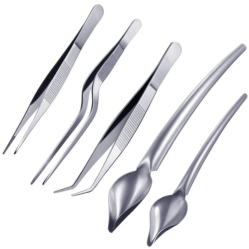 5-Piece Stainless Steel Cooking Tweezers Precision Tongs with Serrated Tips, Culinary Drawing Spoons for Plates Decorating