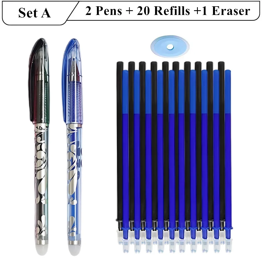 2 Erasable Gel Pens + 20 Refills + 1 Eraser 0.5mm Magic Ink in Black Blue Red Green Smooth Writing Stationery for School Office image 5