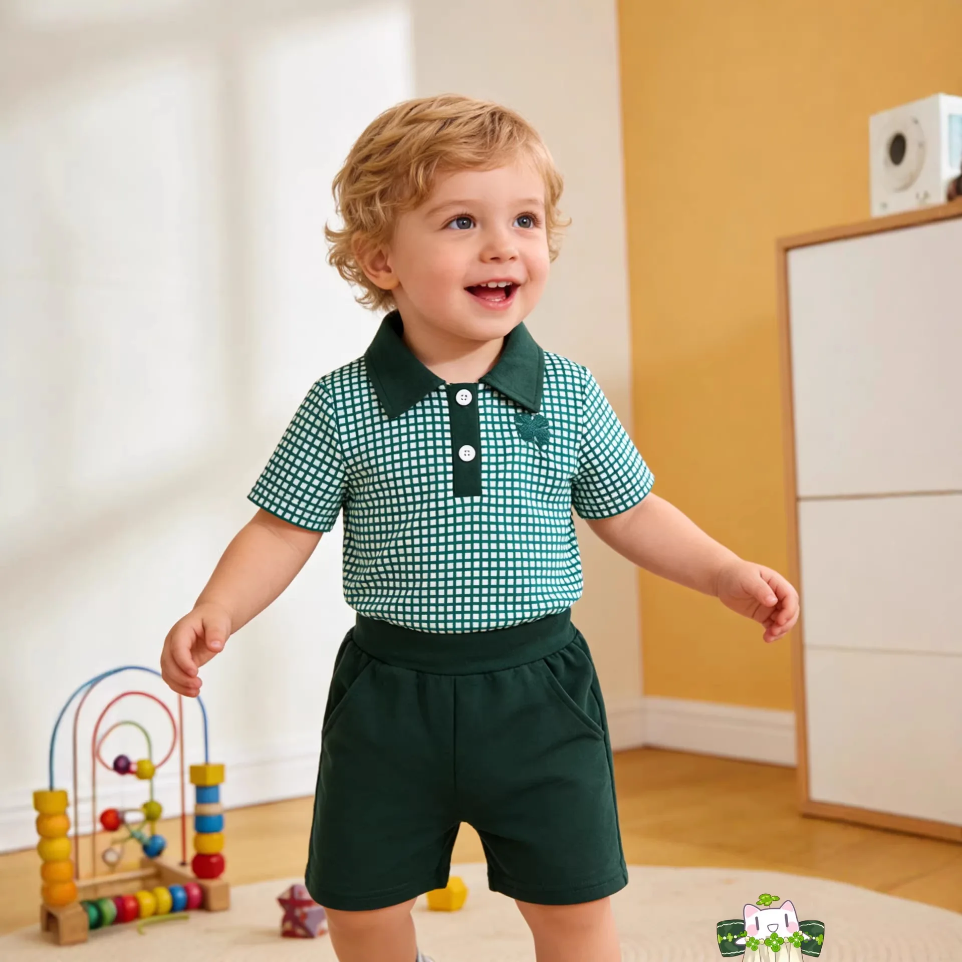 

Летний комплект для мальчиков: рубашка-поло с вышивкой клевера в клетку и зеленые шорты, в честь Дня Святого Патрика.
