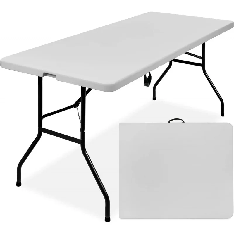 6ft plastic folding table, indoor heavy duty portable W/handle, lock picnic, party, camping-light gray