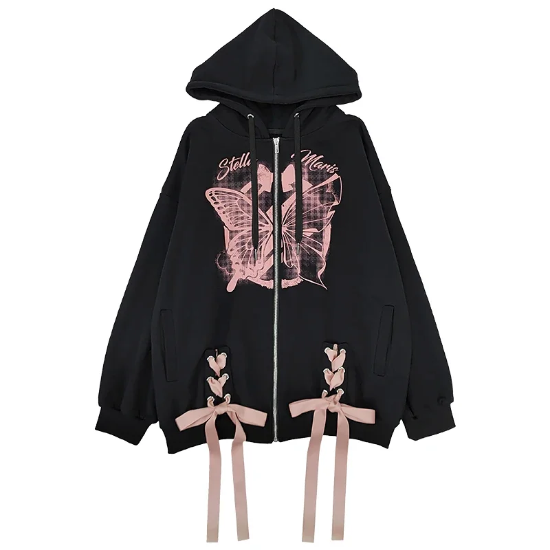 Autumn and Winter New Girls Long Sleeve Ribbon Printed Loose Hooded Zipper Hoodie Coat Female Casual Loose Black Cardigan