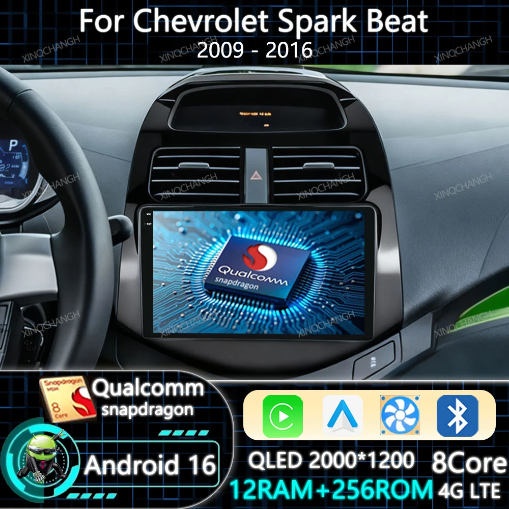 Android 16 Car Radio Carplay Auto For Chevrolet Spark Beat Matiz Creative 2009 - 2016 Qualcomm 4G LTE 5G WIFI Head Unit 2DIN GPS