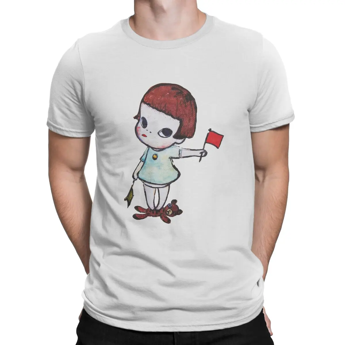 Yoshitomo Nara Japanese Artist Girl with Signal Flags Polyester T Shirt Vintage Fashion Men's Tshirt O-Neck  Men Clothing