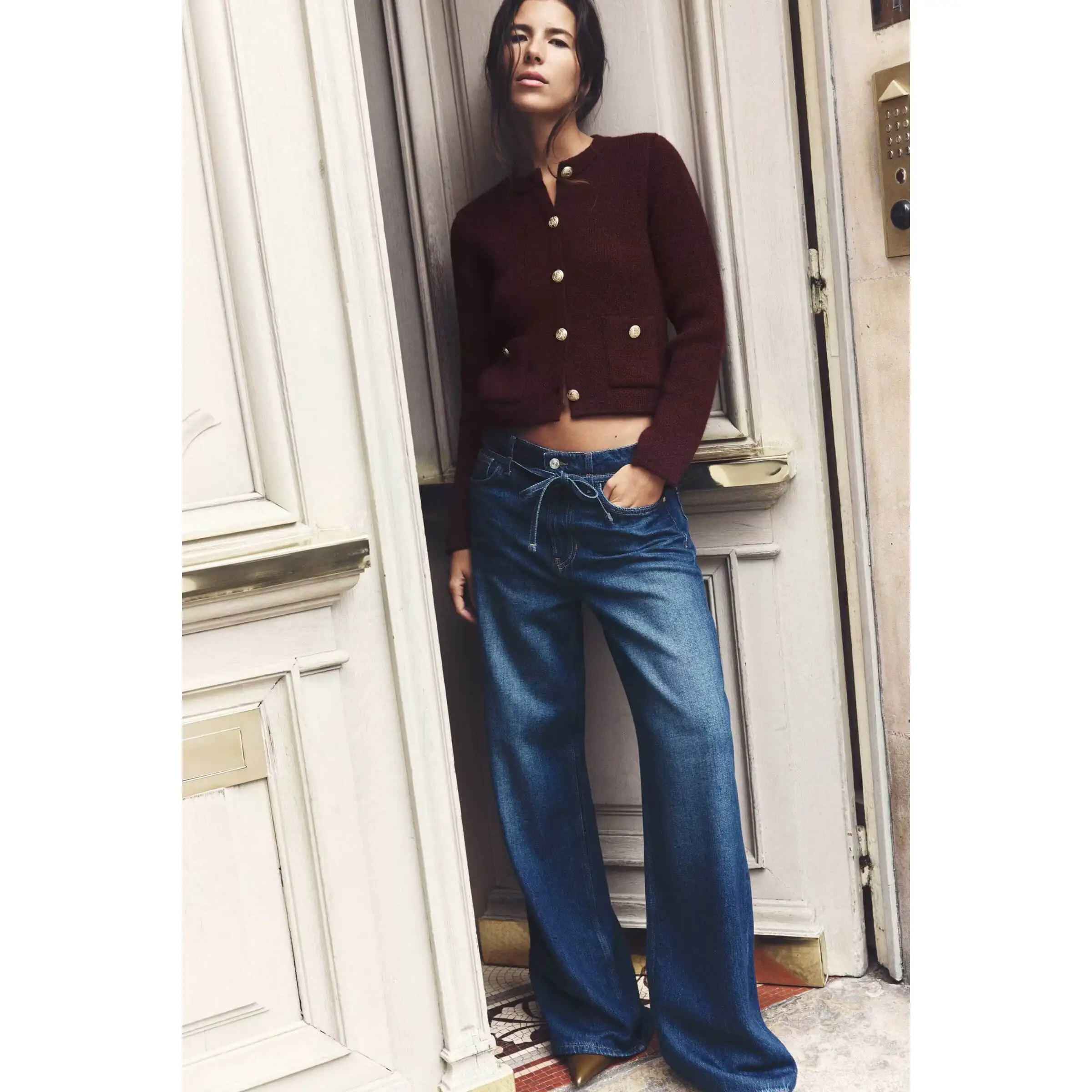 Faionable Bottone dorato lavorato a maglia Jaet Simple Sle ZR Trend Capispalla da donna Lungo Sve Cardigan caldo Fibra di poliestere