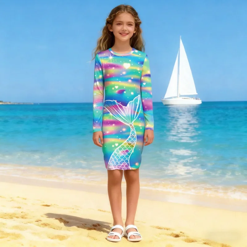 

2025 Girls Long-sleeved Mermaid Color Print Princess Dress, Rainbow Print Tight Dress, Suitable for Beach Party Kids Clothing