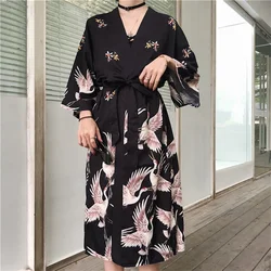 Sexy Japanese Style Kimono Haori Long Robe Shirt Women Harajuku Style Cardigan Crane Print Summer Beach Retro Traditonal Costume