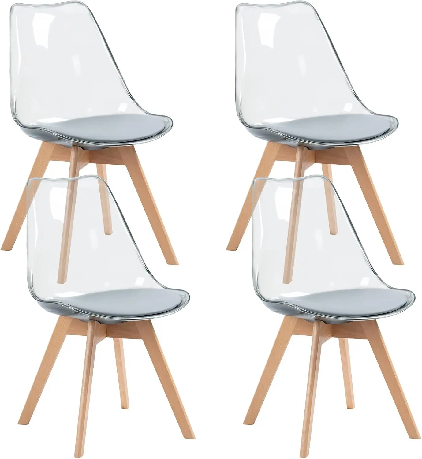 

Set of four dining chairs, gray transparent acrylic, featuring PU leather seats and solid beech wood legs.