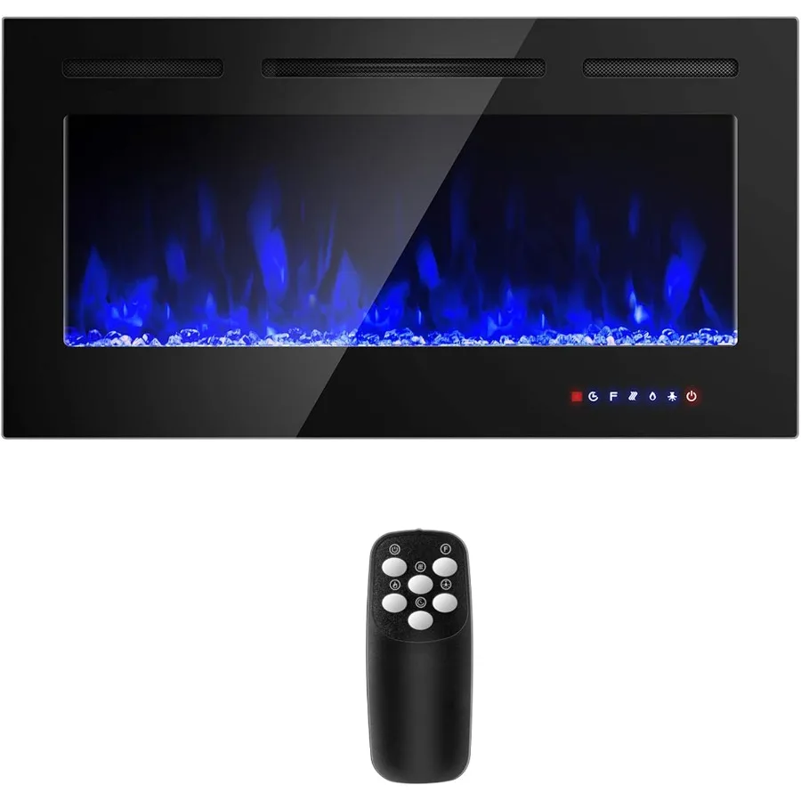 

40-дюймовый электрический камин, настенная встраиваемая вставка с дистанционным управлением, 750 Вт/1500 Вт, отопление, 9 цветов пламени, 5 режимов яркости, 8 часов