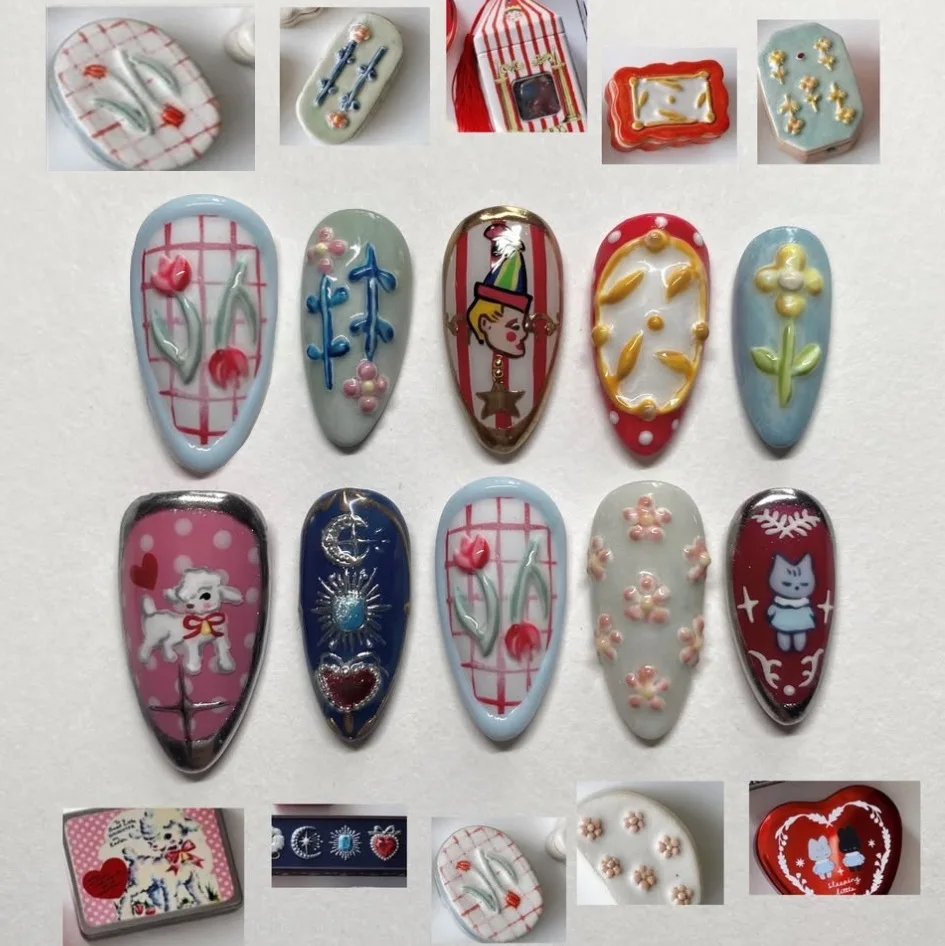

24pcs Sweet Little Lamb False Nails Cute Cartoon Tulip Flower Designs Press On Nails Colorful Almond Spring Dopamine Fake Nail
