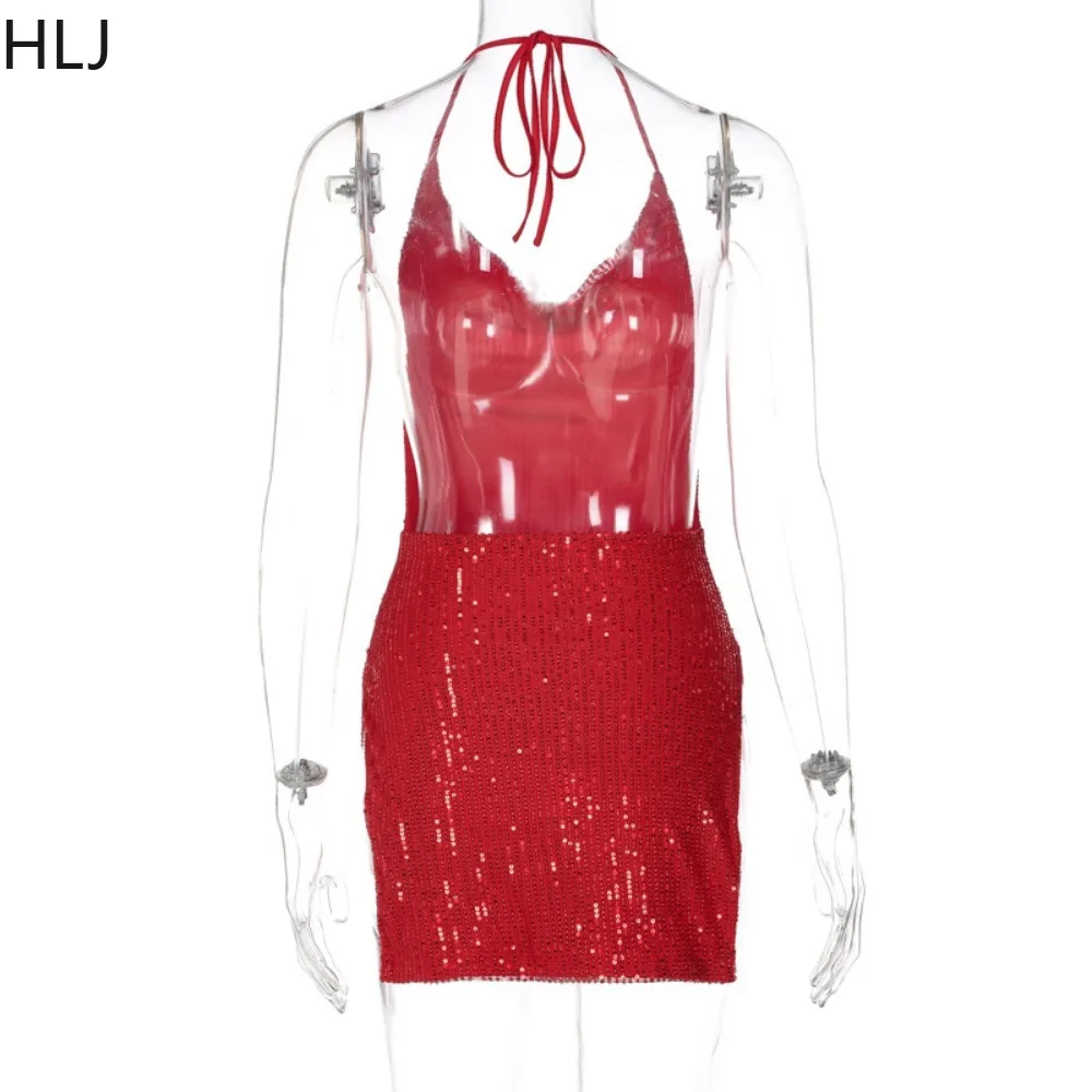 HLJ Sexy Sequin Bodycon Halter Lace Up Party Club Mini Dresses Women Sleeveless Backless Slim Slit Vestidos Fashion Streetwear